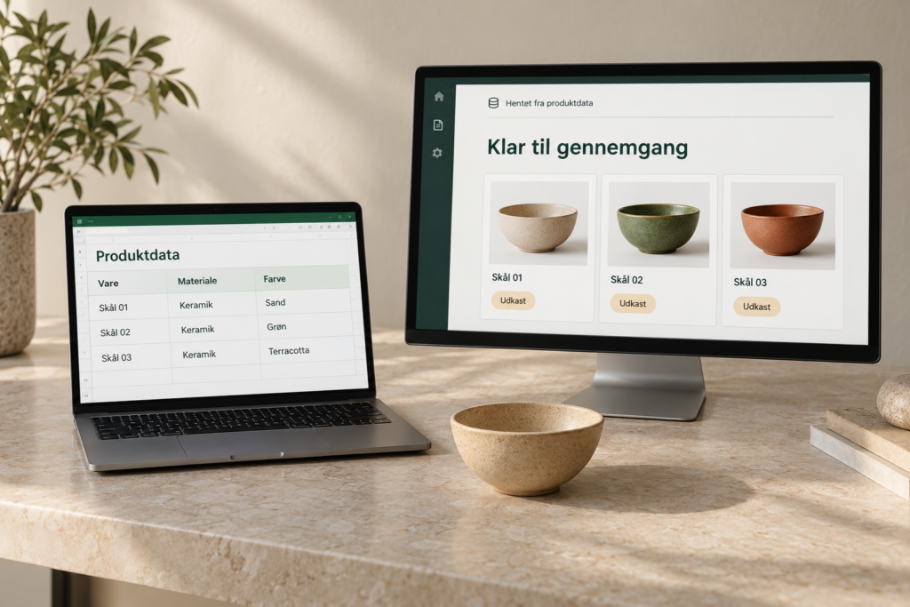 Illustration: Produktdata i et regneark bruges i en arbejdsgang med udkast klar til gennemgang.