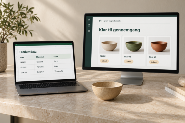 Illustration: Produktdata i et regneark bruges i en arbejdsgang med udkast klar til gennemgang.