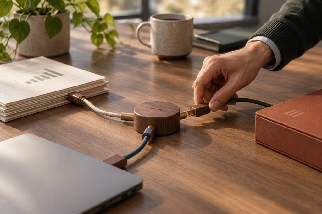 En hånd forbinder et stik med et centralt samlingspunkt på et træbord.