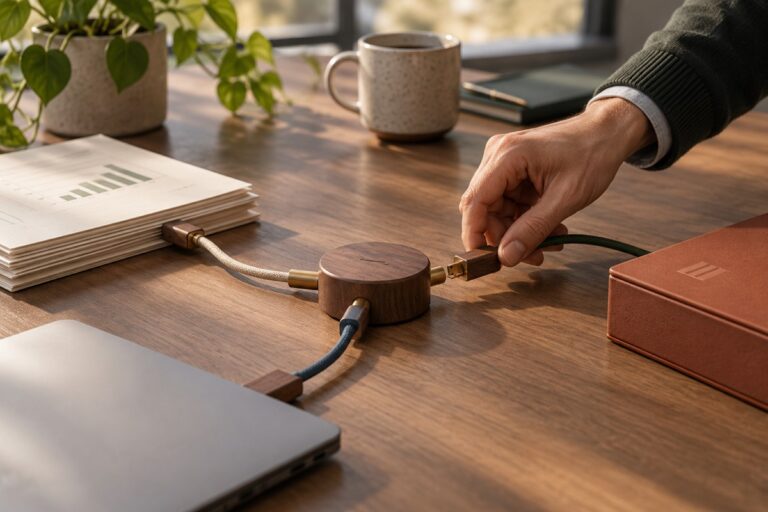 En hånd forbinder et stik med et centralt samlingspunkt på et træbord.